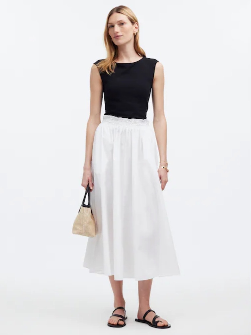 Madewell Cotton White Pull On Paper Bag Elastic Waste Midi Skirt - size XS